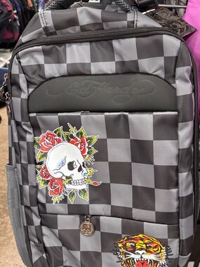 Ed Hardy Black and Gray Checkerboard Skull & Tiger Backpack